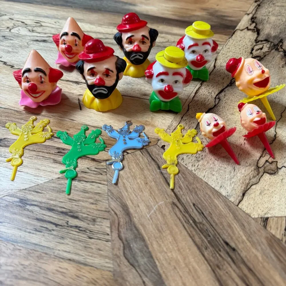 Vintage Plastic Clown Cupcake Picks, Retro Circus Cake Toppers Lot, 1970s 1980s